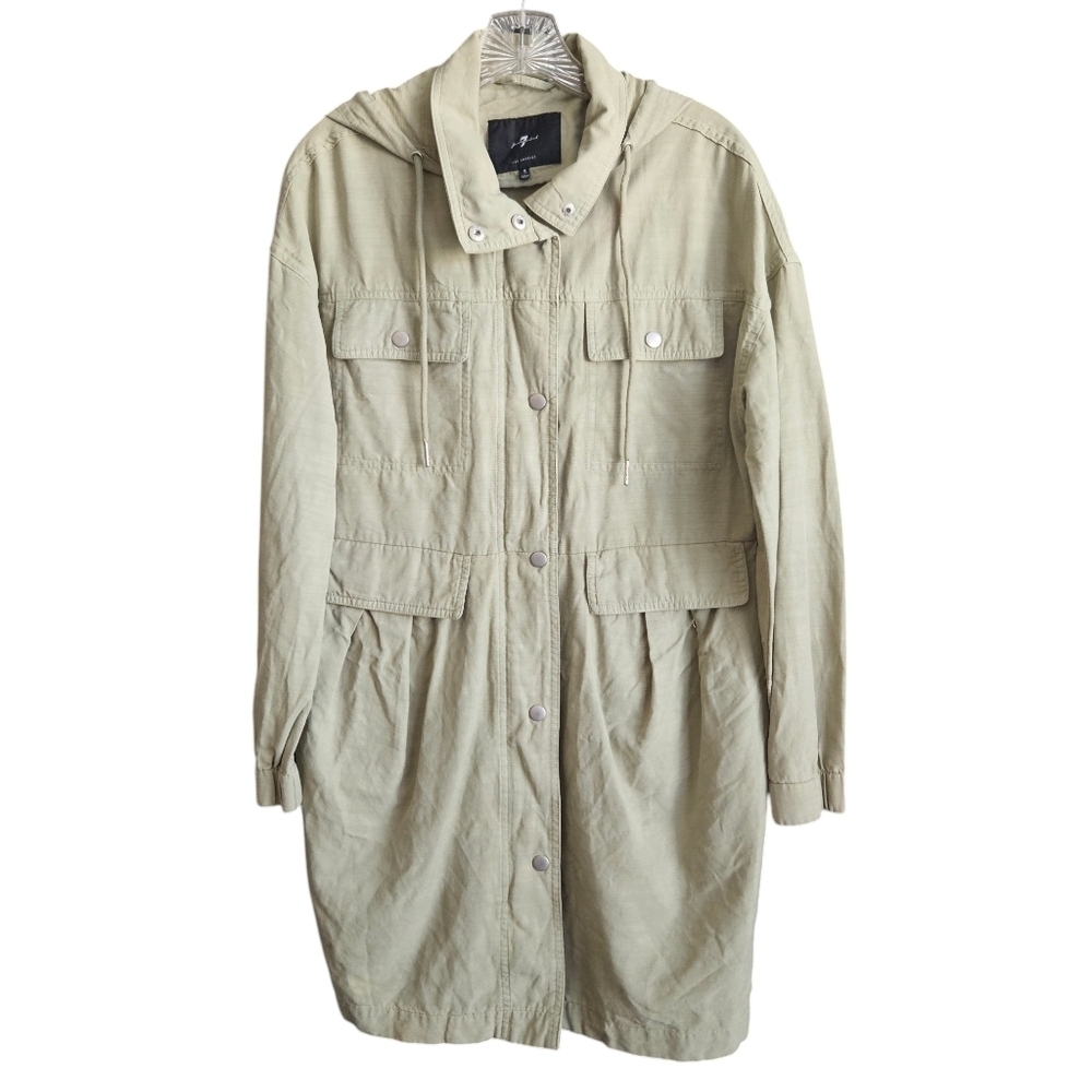 7 For All Mankind Hooded Utility Jacket Khaki Green Drawstring Waist Size Small